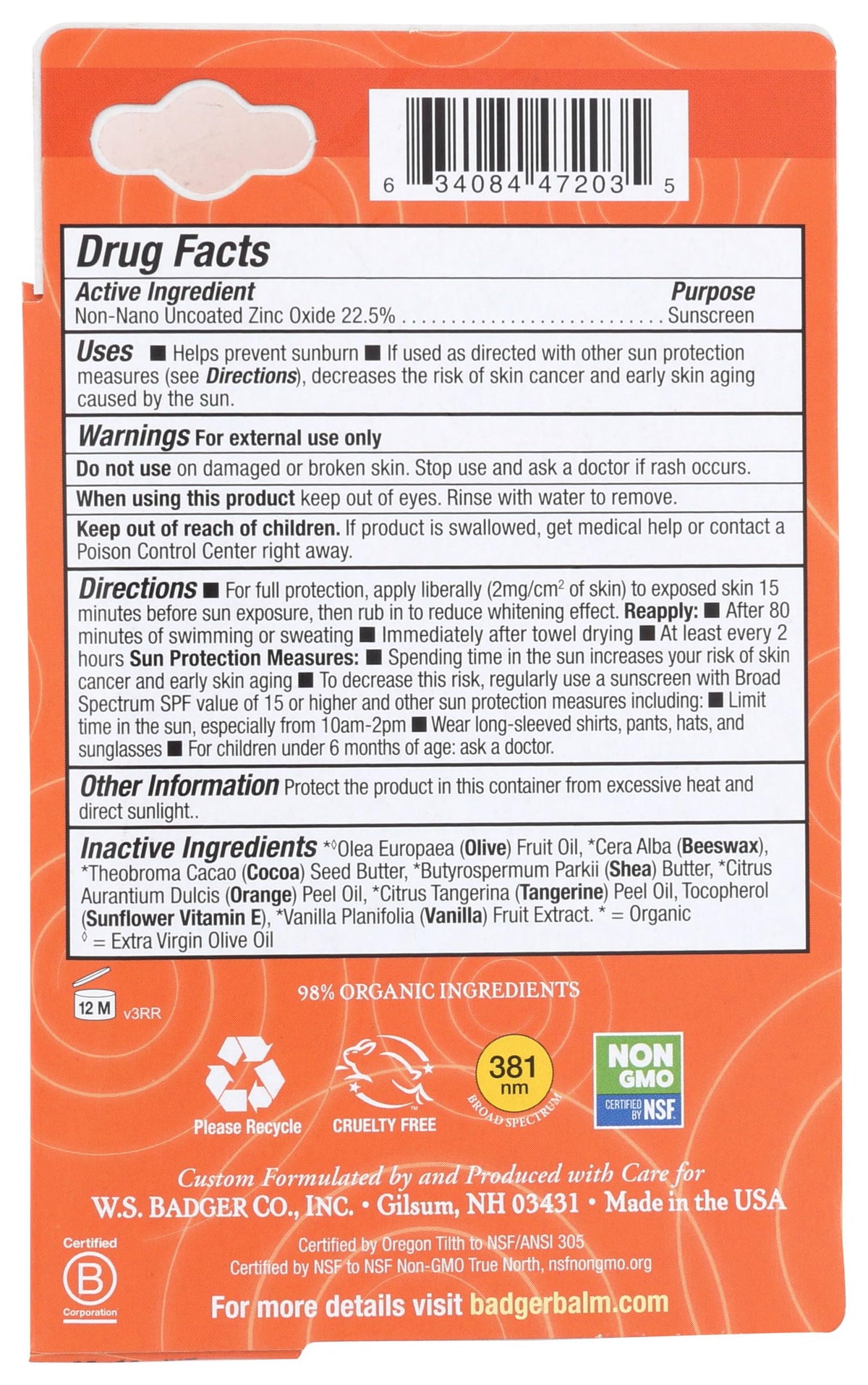 Badger Company, Kids Sport Sunscreen All Season Face Stick, SPF 35, Tangerine & Vanilla, .65 oz (18.4 g)