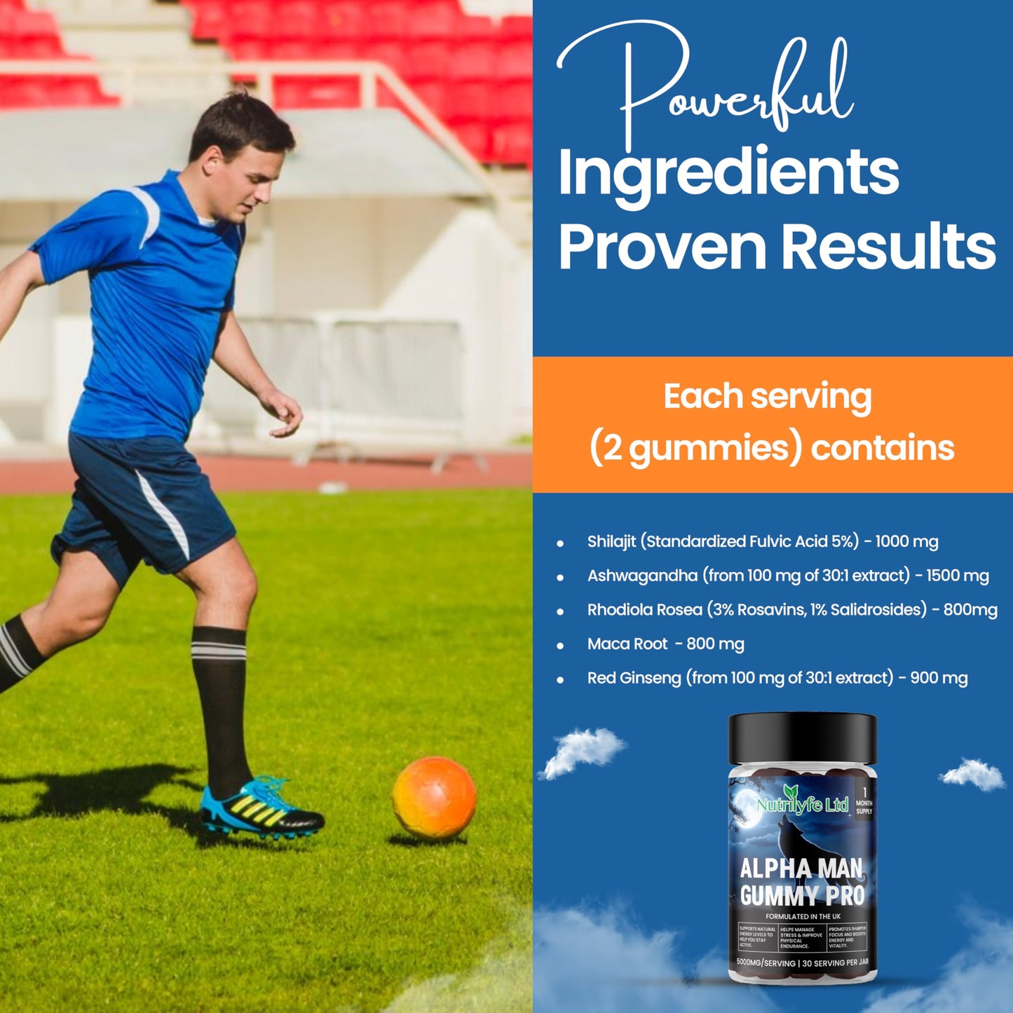 Alpha Man Gummy Pro - Powerful 5-in-1 Blend with Shilajit, Ashwagandha, Rhodiola, Red Ginseng & Maca Root | Vegan, Halal, Gluten-Free, Non-GMO | GMP & ISO Certified | 60 Gummies.