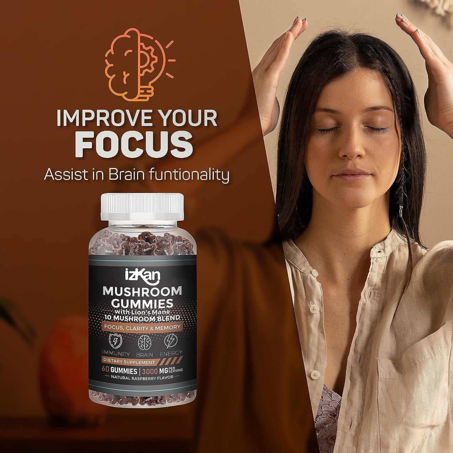 Izkan Lion's Mane Gummies 3000mg - 10 Brain Health Mushrooms Gummies Supplement Promotes Focus, Memory, and Mood - 60 Count (Rasberry Flavor, Halal, Gluten-Free, Vegan) (2)