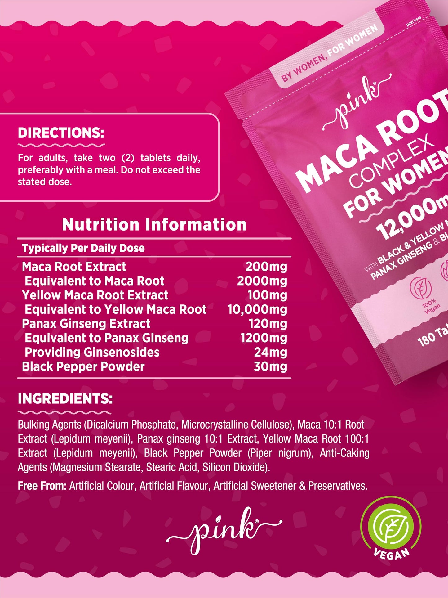 Maca Root Capsules for Women 12,000mg | High Strength Black & Yellow Maca Root with Panax Ginseng and Black Pepper | Botanical Supplement to Support Women's Health | by PINK
