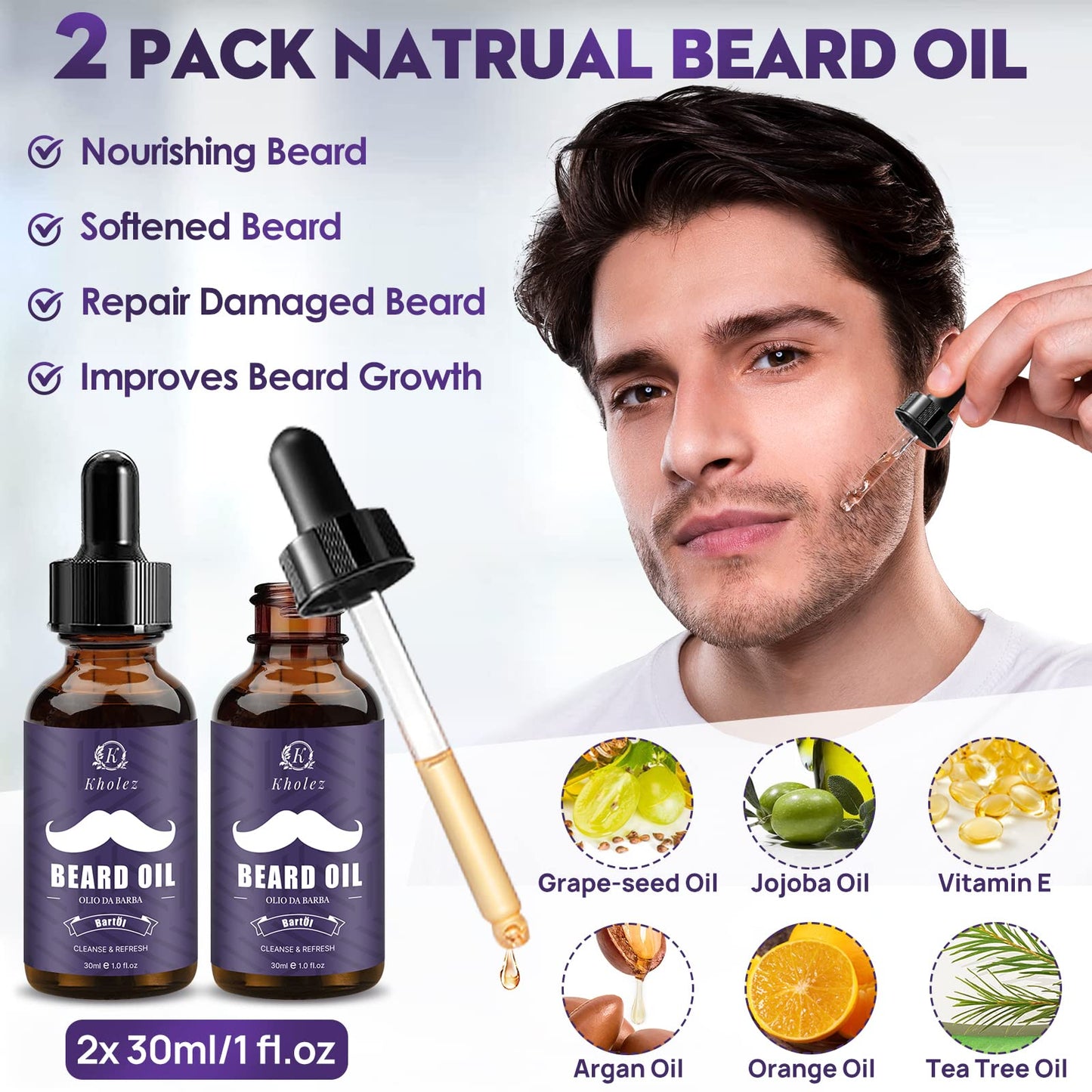KHOLEZ Beard Grooming Kit, Beard Growth Kit w/2 Beard Oil/Beard Wash/Beard Balm/Beard Comb/Beard Brush/Scissors/Beard Shaper,Storage Bag,Beard Care & Trimming Kit Beard Kit Father's Day Gifts for Men Him