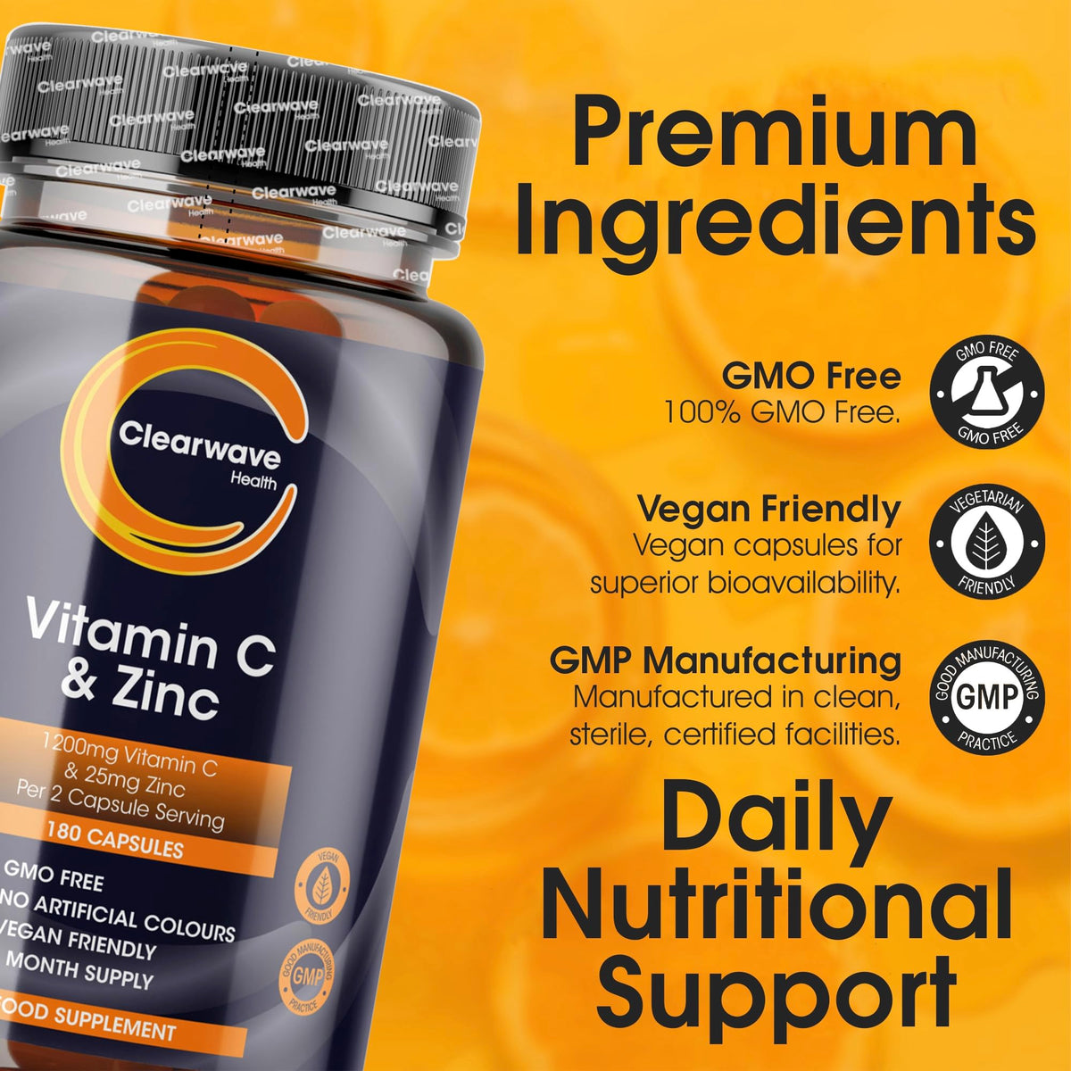 Vitamin C and Zinc | High Strength Vitamin C Capsules | 1200mg VIT C and Zinc 25mg Per 2 Capsule Daily Serving | By Clearwave Health