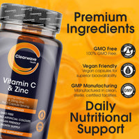 Vitamin C and Zinc | High Strength Vitamin C Capsules | 1200mg VIT C and Zinc 25mg Per 2 Capsule Daily Serving | By Clearwave Health