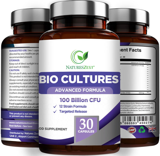 Bio Cultures Complex Probiotics 100 Billion CFU with Prebiotics – Lactobacillus Plantarum & Saccharomyces Boulardii Probiotic - 30 Vegan Capsules – Probiotics for Women & Men – Packaging May Vary