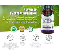 Vitamin D3 4000IU + K2 MK7 200mcg Natural Premium Quality 100 Capsules Immune Support Perfect Proportions Maximum Absorption