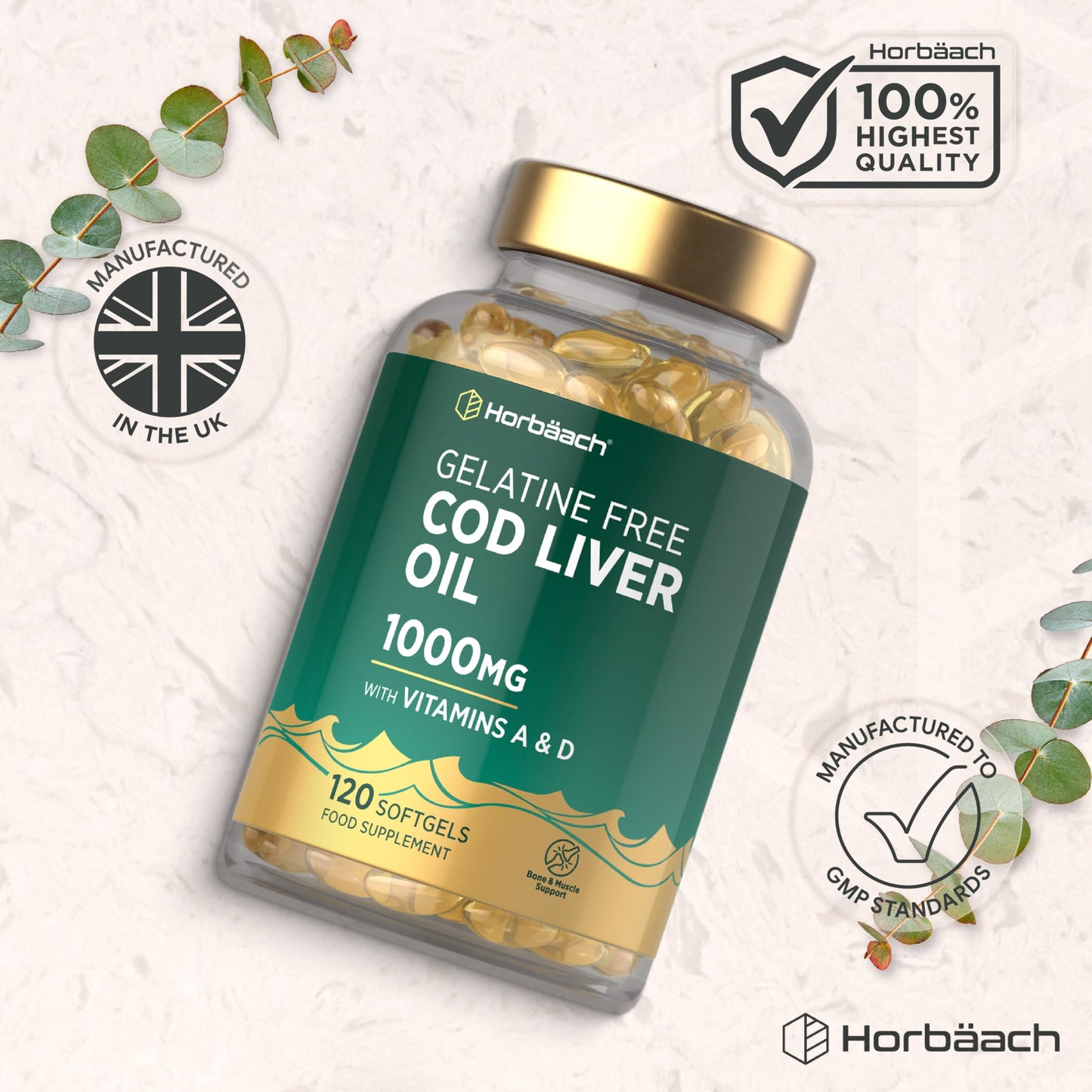 Horbäach Cod Liver Oil Gelatine Free 1000mg | 120 Capsules | High Strength Supplement with Vitamin A, D and Omega 3 DHA/EPA | Suitable for Pescatarians | by Horbaach