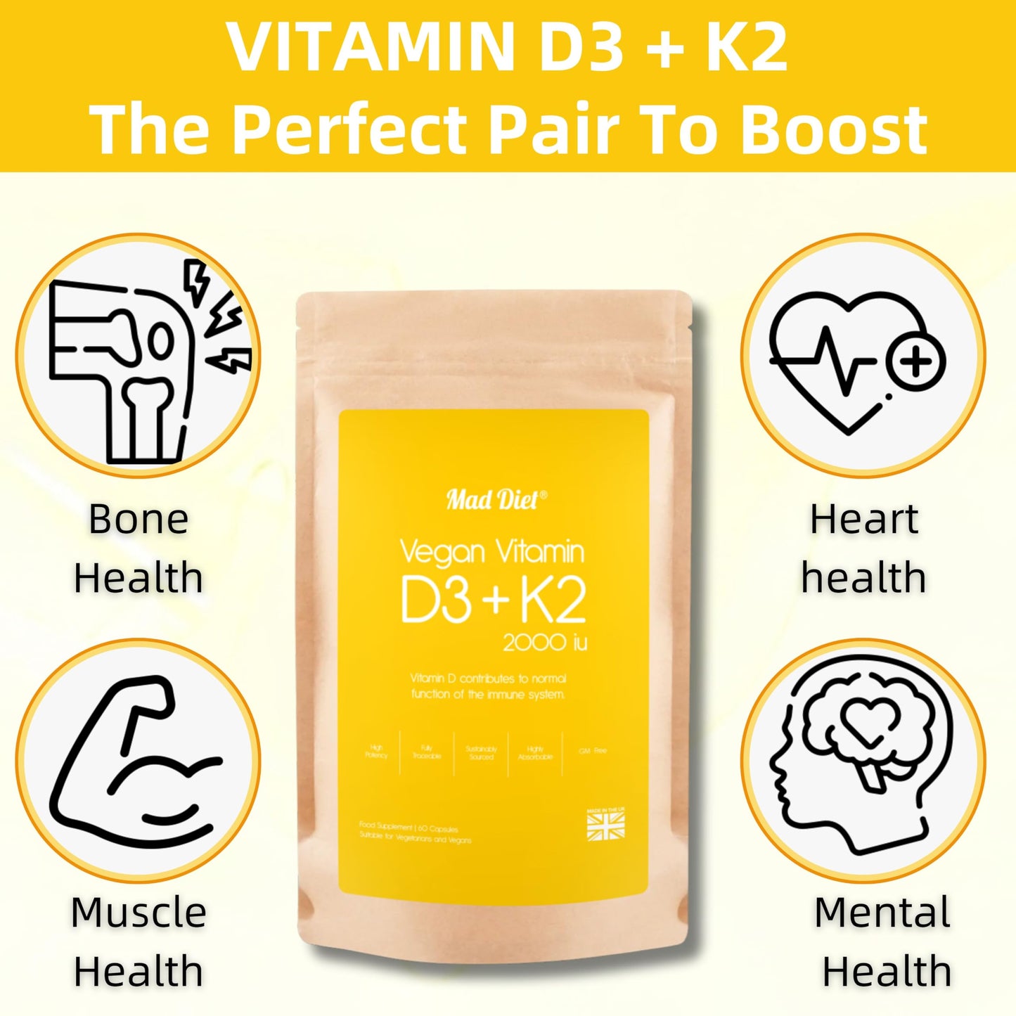 Mad Diet Vegan Vitamin D3+K2 | Zero Additives | Practitioner Quality | 2000IU Capsules | Locally Sourced |60 Capsules - 2 Month Supply | Trusted UK Brand | Immune