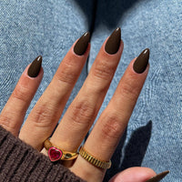 KQueenest 30 Pcs Acrylic Press on Nails Short Almond, Dark Brown False Nails Short Almond, Glossy Solid Color Stiletto Fake Nails Set, Reusable Natural Gel Stick on Nail for Women Finger Daily Wear