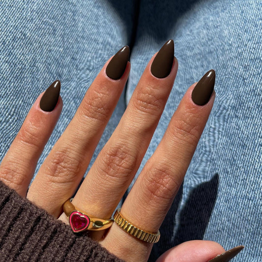 KQueenest 30 Pcs Acrylic Press on Nails Short Almond, Dark Brown False Nails Short Almond, Glossy Solid Color Stiletto Fake Nails Set, Reusable Natural Gel Stick on Nail for Women Finger Daily Wear