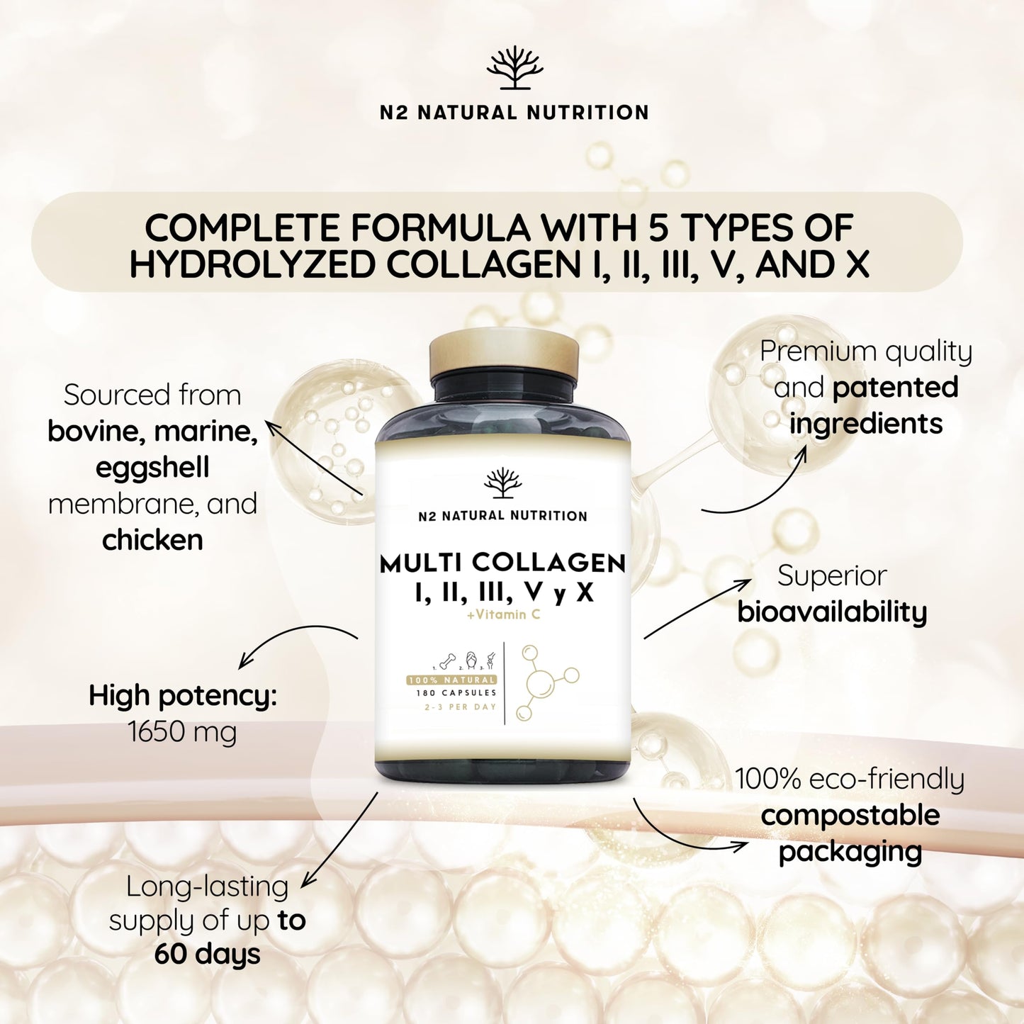 Multi Collagen Type I, II, III, V, X. Bovine, Marine Collagen Peptides 180 Capsules Enhanced with Vitamin C, for Joint Care, Skincare & Hair High Strength Collagen for Women & Men N2 Natural Nutrition
