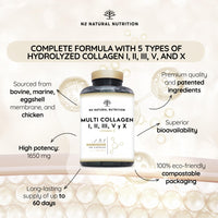 Multi Collagen Type I, II, III, V, X. Bovine, Marine Collagen Peptides 180 Capsules Enhanced with Vitamin C, for Joint Care, Skincare & Hair High Strength Collagen for Women & Men N2 Natural Nutrition