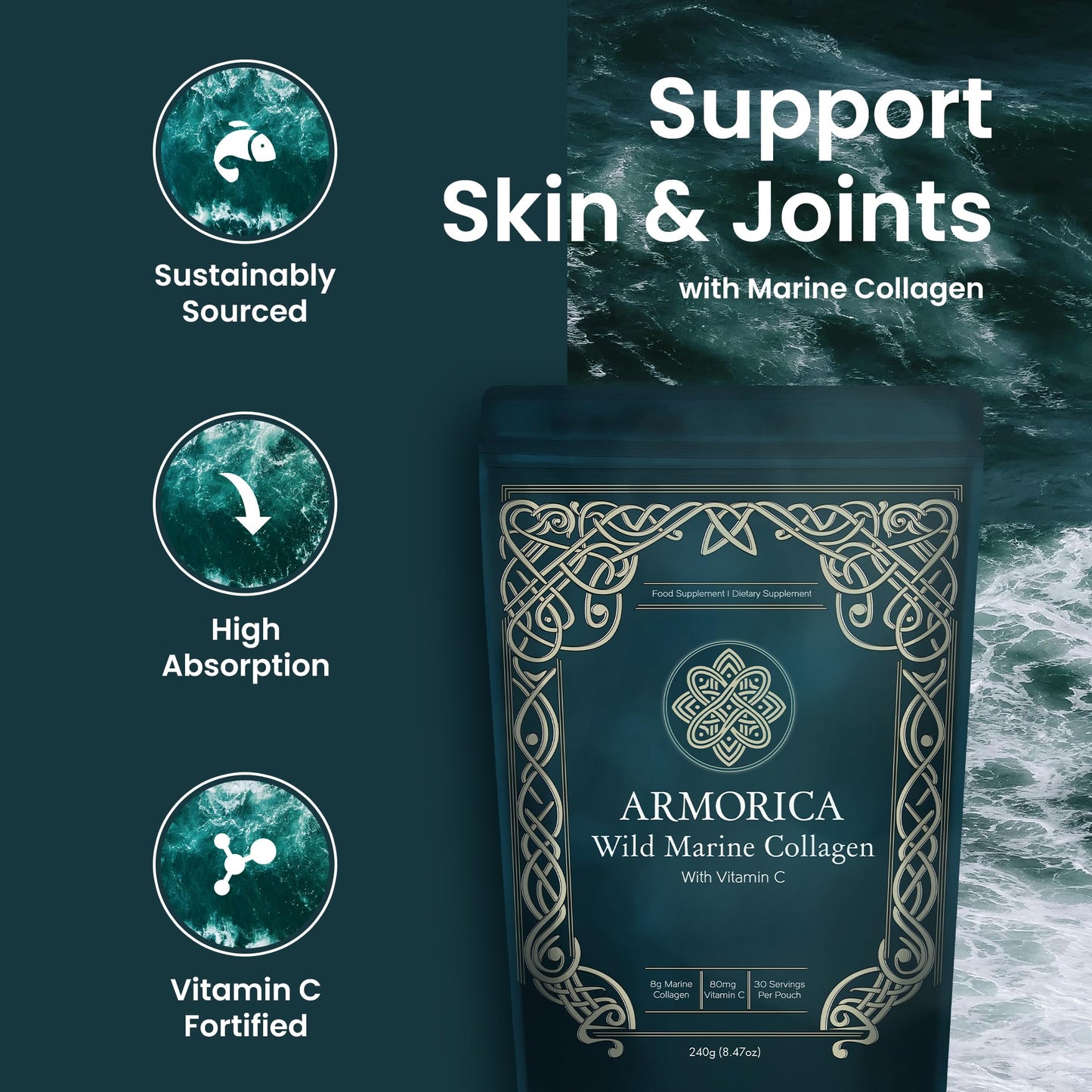 ARMORICA Marine Collagen Powder with Vitamin C – Hydrolyzed for Optimal Absorption | Unflavored & Easily Dissolves | Non-GMO & Microplastic Tested | Skin, Hair & Joint Support | 240g (30 Servings)