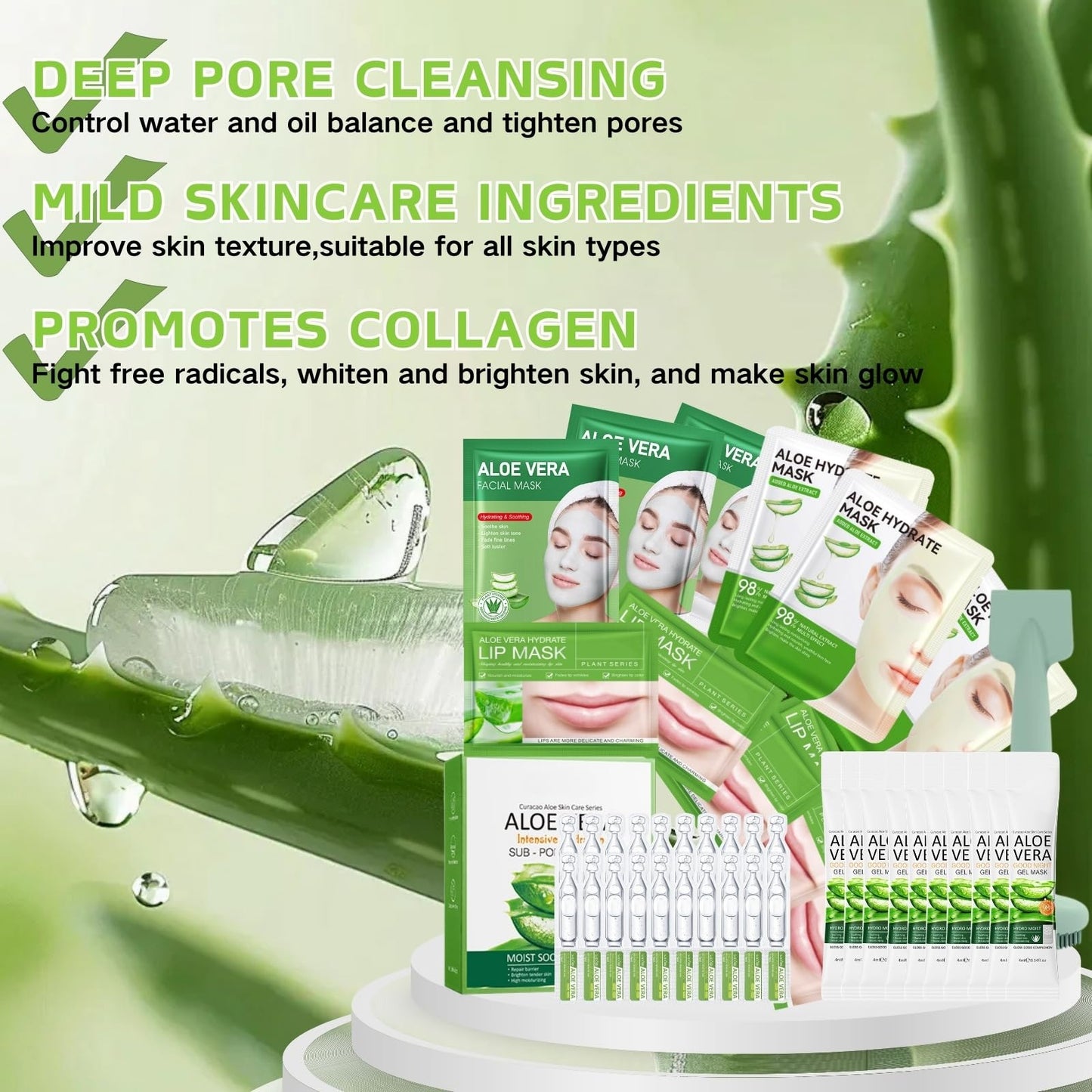 Cureluxe 42PCS Aloe Vera Skincare Gift Set for Women,Aleo Vera Nourishing & Moisturizing Skin Care Sets & Kits Face Serum,Sleep Mask,Clay Mask,Lip Mask,Skin Care Set for Teenage Girls Women