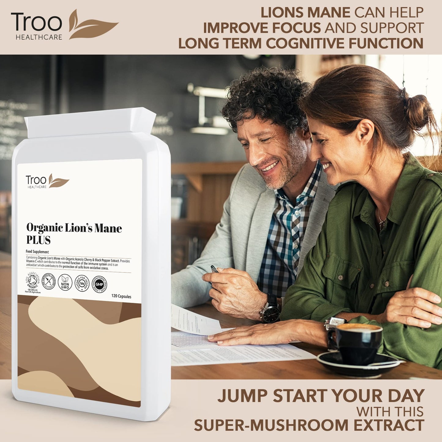 Troo Health Care Organic Lion's Mane Mushroom Complex 120 Capsules - 1500mg Lions Mane 30% Polysaccharides with Acerola Cherry Vitamin C & Black Pepper Extract Supplement - Made in United Kingdom