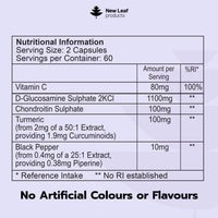 NEW LEAF PRODUCTS Glucosamine and Chondroitin High Strength - Enriched With Turmeric And Vitamin C - Glucosamine Sulphate Chondroitin Sulphate, Food Supplement - Contributes To The Normal Function of Bones 120 Capsules