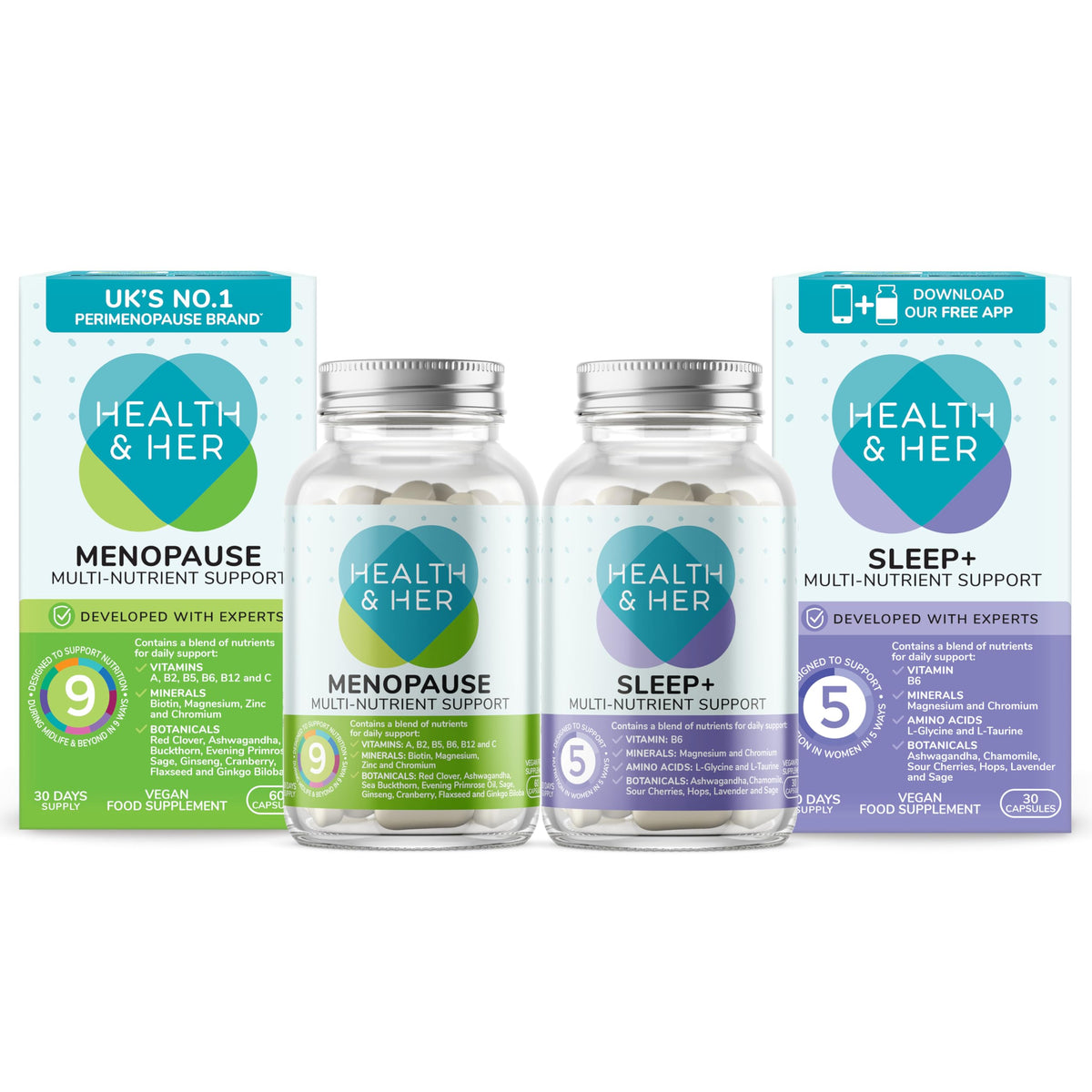Health and Her Health & Her Menopause Supplements for Women - Day & Night Bundle - Wellbeing for Menopause - 1 Month Supply Vegan & Gluten Free