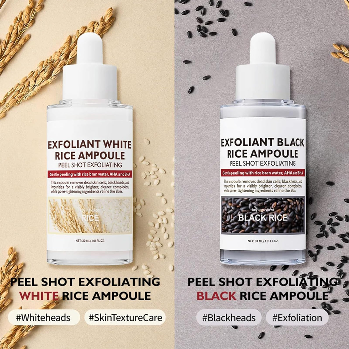 INSKIN Peel Shot Glow Rice Ampoule Duo, White and Black Rice Face Exfoliator, Facial Scrub Exfoliator, Gentle Dead Skin Remover for Face & Body,Moisturizing, Suitable for All Skin