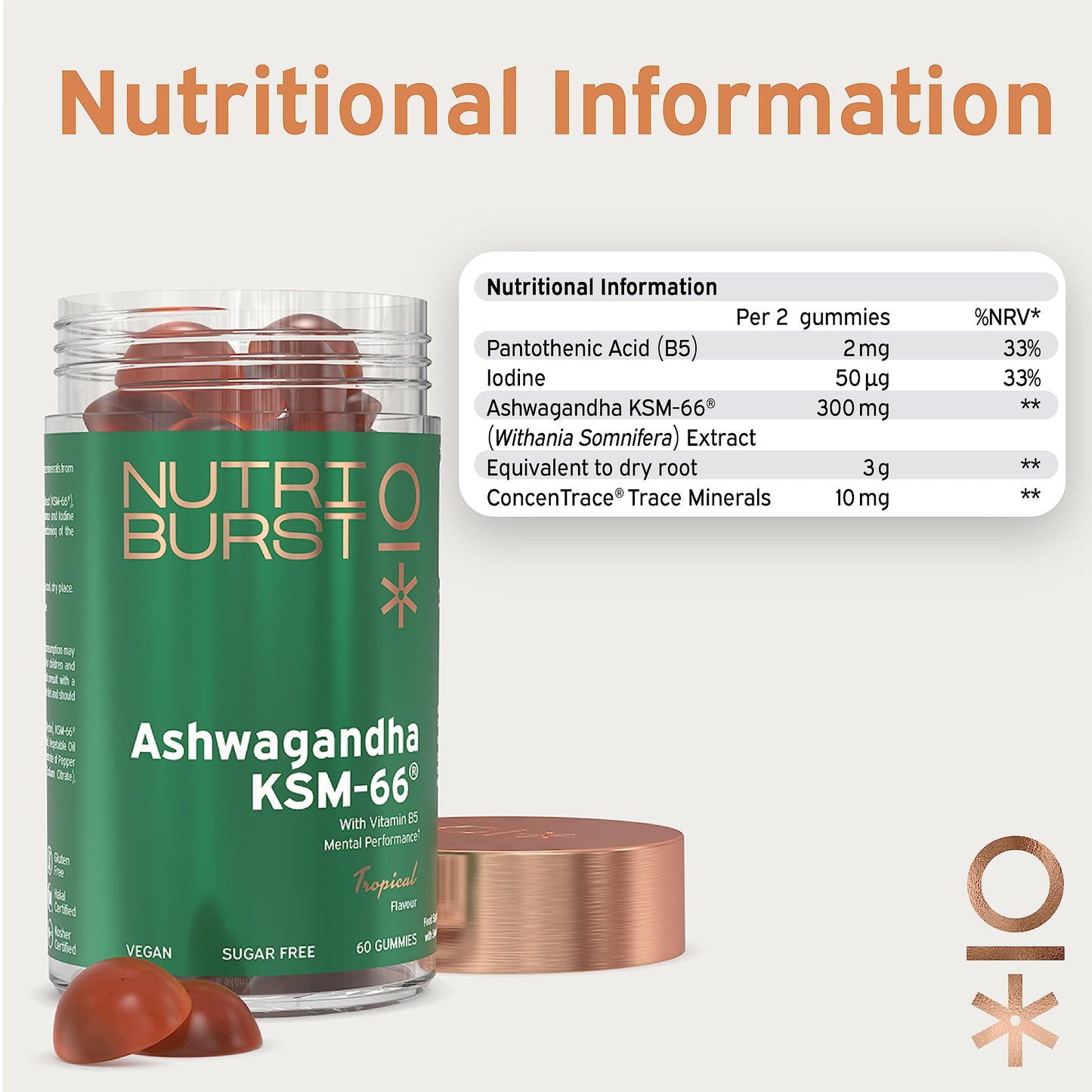 Nutriburst 300mg Ashwagandha + Vitamin B5 & Iodine - Herbal Adaptogen Reduce Tiredness & Fatigue, Supports Mental Performance - Vegan, Sugar Free Supplement - 60 Gummies - 1 Month Supply