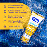 E45 Kids & Baby Sun Face & Body Lotion for Sensitive Skin. Gentle Sun Cream with very high SPF 50+ plus UVA & UVB protection. With Avocado Oil. For Dry Skin, Sensitive Skin & Eczema Prone Skin -180 ml