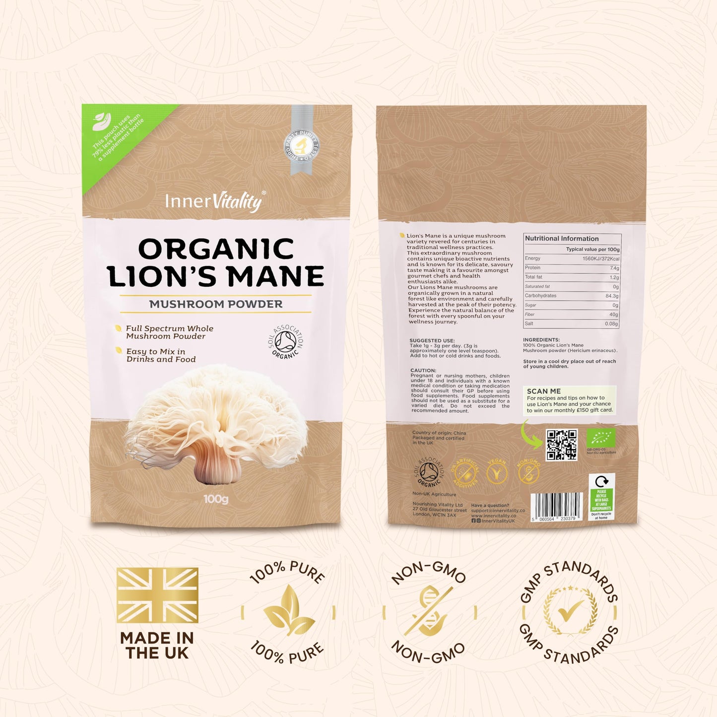 Organic Lions Mane Mushroom Powder - 200g High Strength Full Spectrum Lions Mane Supplement to Support Brain & Mental Performance by Inner Vitality