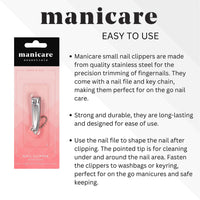 Manicare Small Nail clipper With File And Chain,Quality Stainless Steel For Precisie Trimming Of Fingernails,Perfect For Handbag Or Travel For Manicures And Pedicures, 5cm Long, 2mm Cut Width