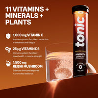 Tonic Health Daily Immunity Tablets - 4-in-1 Effervescent Multivitamins, Minerals & Phytonutrients - Vitamin D, Vitamin C and Zinc - Vegan,No Sugar- Max Strength, Orange, Mango, Passionfruit, 20 Count