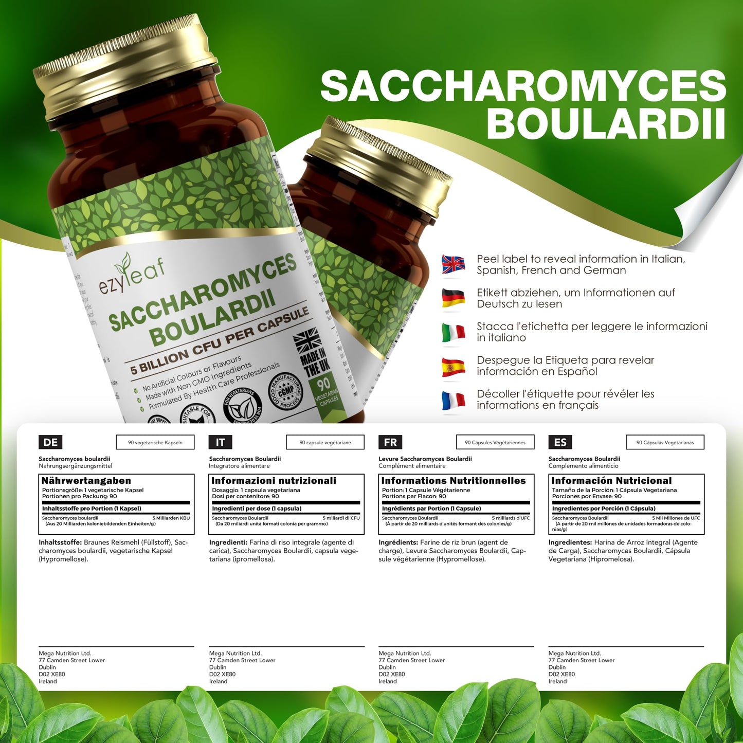 Ezyleaf Saccharomyces Boulardii [5 Billion CFU] | 90 Vegan Capsules | Probiotic Supplement | S Boulardii Probiotic with Clean Fillers | ISO Certified, Non-GMO, Gluten & Allergen Free | Made in UK