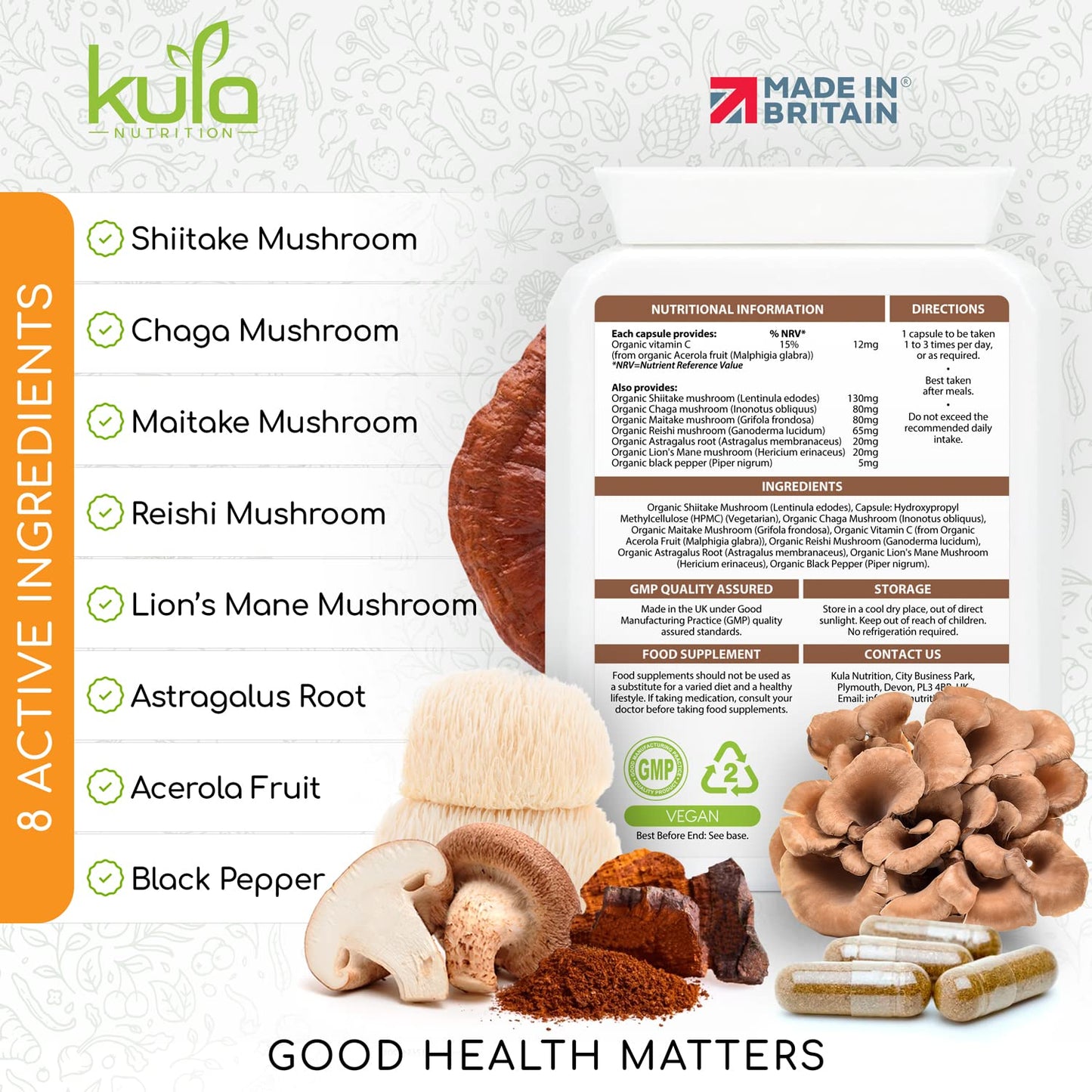 Kula Nutrition ShroomPlex Organic Mushroom Complex - Immune Boosting Mushroom Blend - 90 High Strength Vegan Capsules with Lions Mane, Shiitake, Chaga, Maitake and Reishi - Plus Organic Black Pepper & Vitamin C