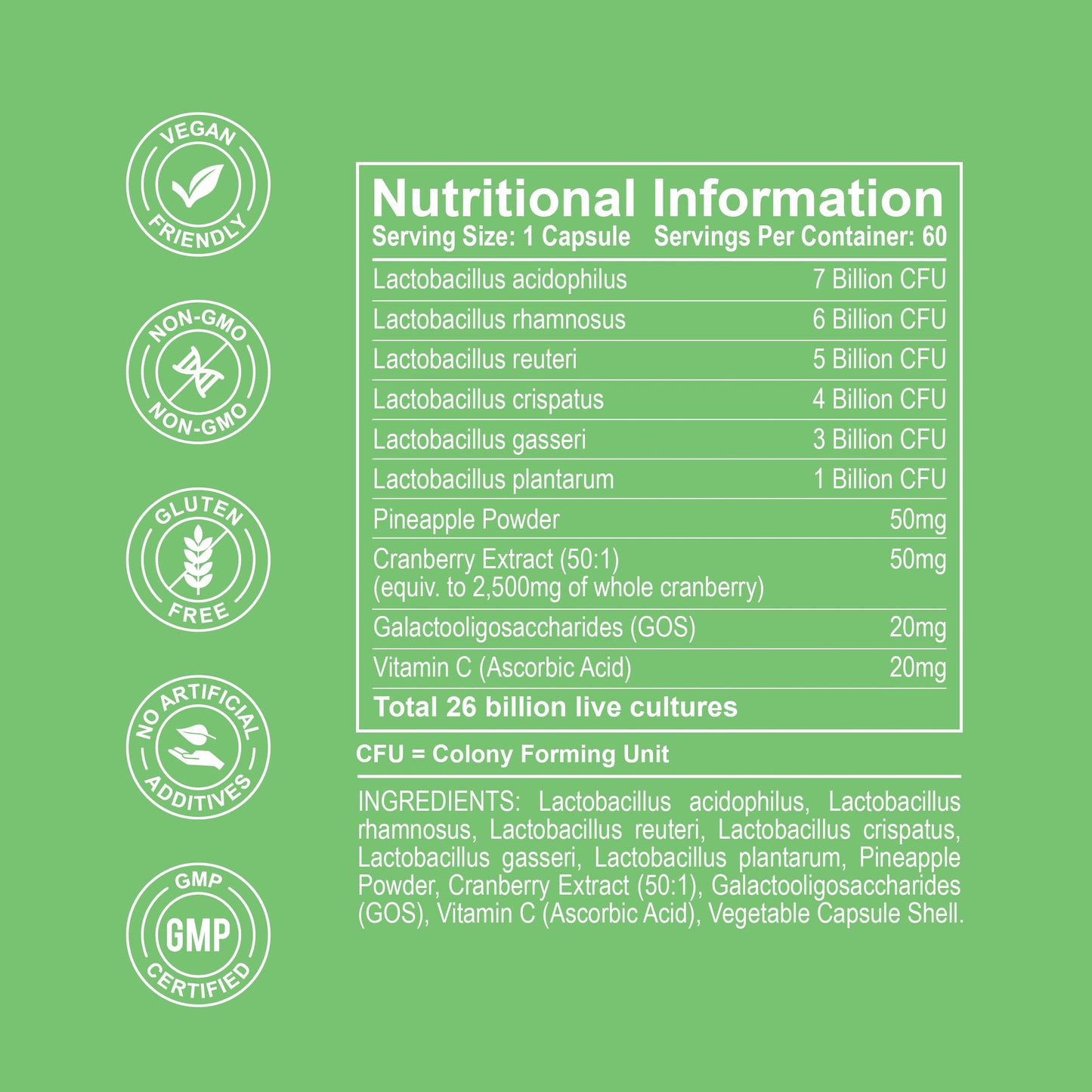 Vaginal Probiotics for Women - 26 Billion CFU with Prebiotics, Pineapple & Cranberry - Support Vaginal pH Balance, Yeast, Odour, Gut & Intimate Flora - Women’s Probiotic Supplement - 60 Capsules