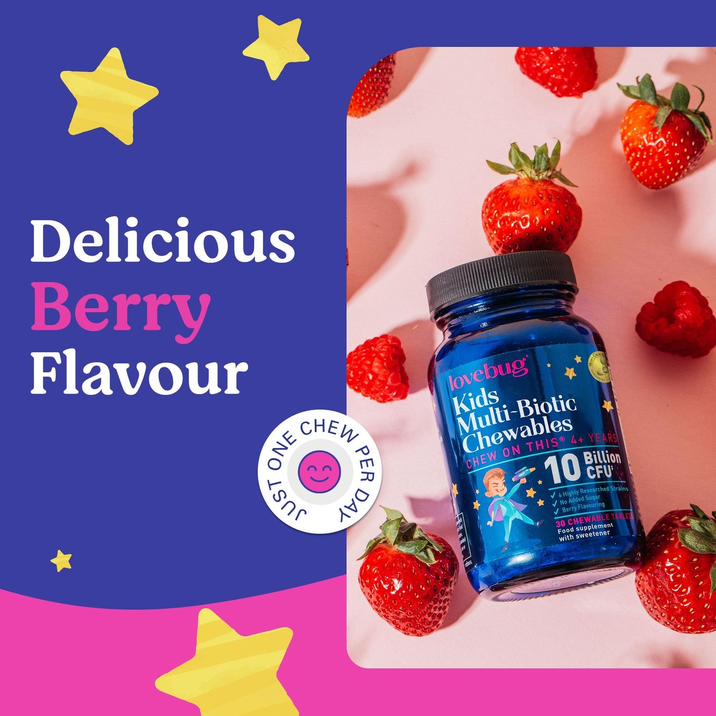 LOVEBUG Lovebug Kids Probiotic Chewables - 10 Billion CFU with Prebiotics - Friendly Bio Cultures for Children & Toddlers (Age 4+) - 30 Chewable Berry Flavour Tablets - Gentle Support for Childrens Gut Health