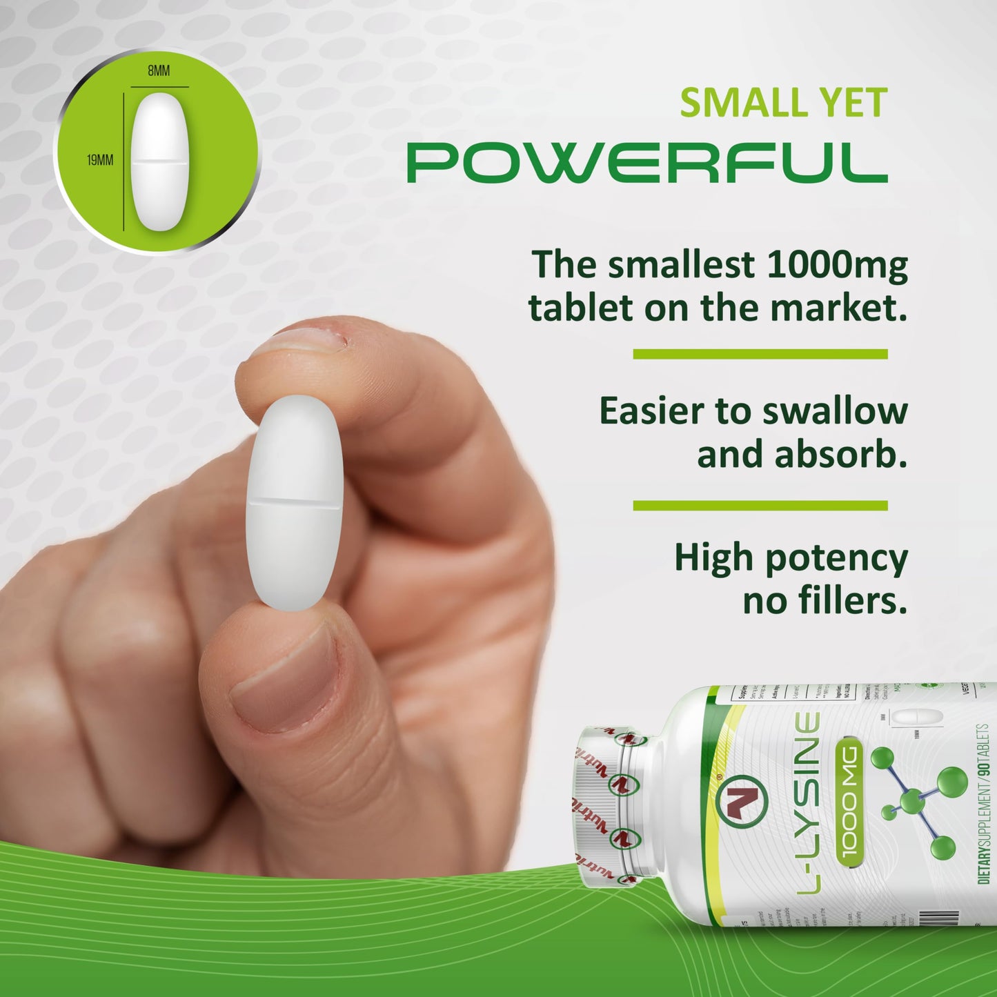 Nutriodol L-Lysine x 90 1000mg Tablets | Smallest Possible 19mm Formula | Easier to Swallow and Quicker to Absorb - Suitable for Vegetarian and Vegan. (90)