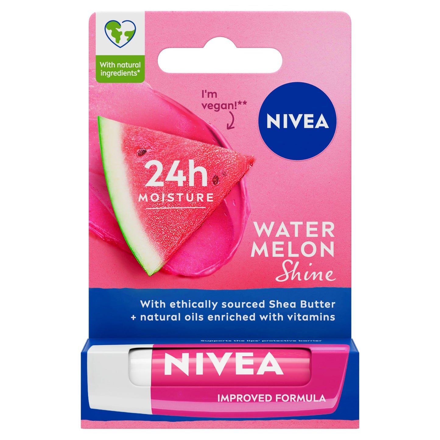 NIVEA Watermelon Shine Lip Balm (4.8g), Flavoured Lip Balm with Shea Butter, Natural Oils and Vitamins, Provides 24h Moisture and a Pink Shine, Vegan Lip Care Formula
