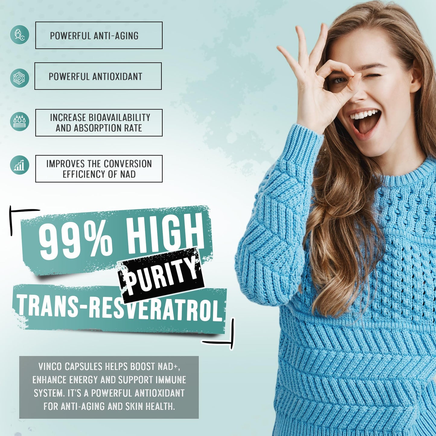 Vinco Supplements NAD + Trans-Resveratrol 1100mg, with Black Pepper 50mg for Superior Absorption, 3-in-1 Advanced Formula to Boost NAD+ Levels, Support Immune Health - 60 Capsules (30 Days Supply)