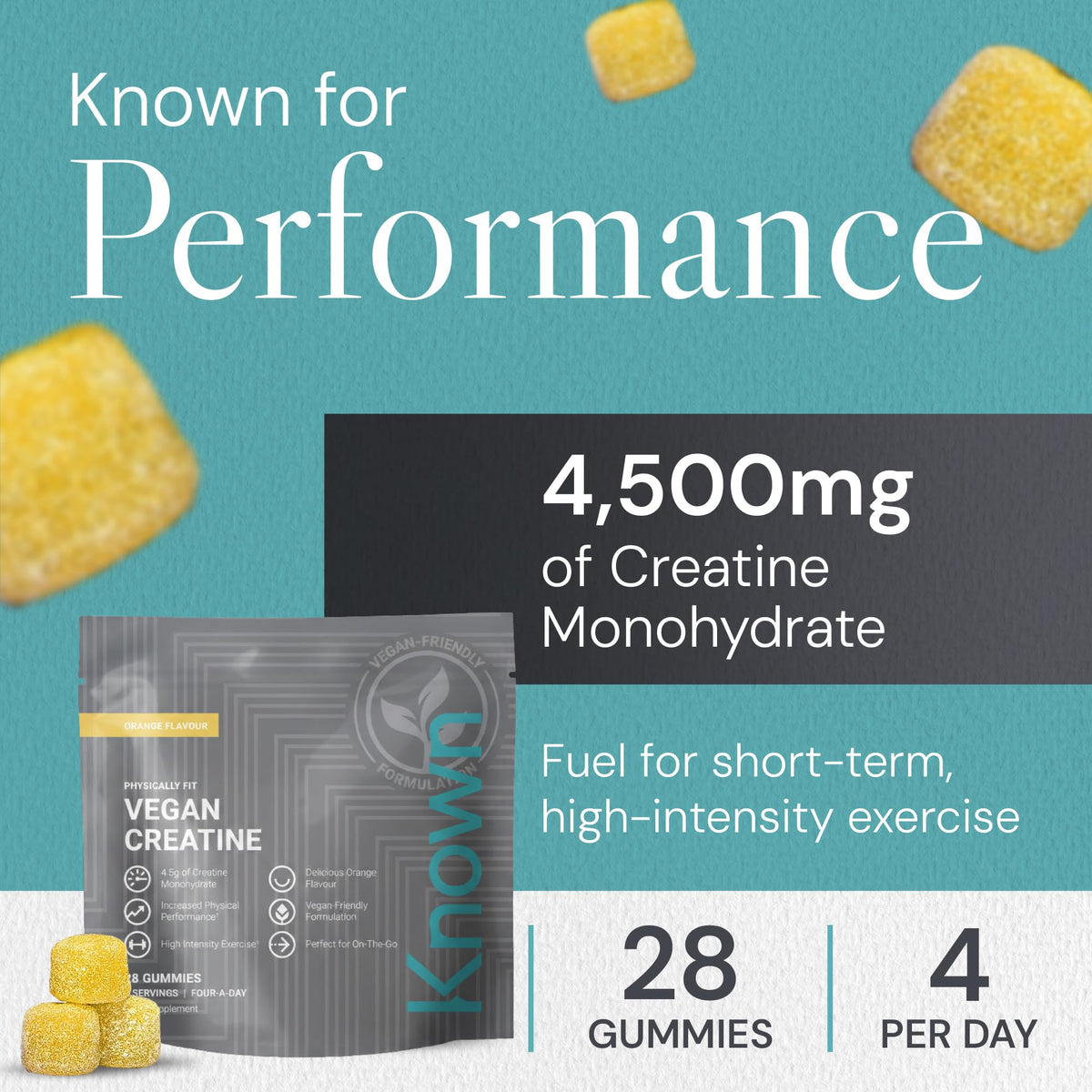 Known Vegan Creatine Gummies On-the-Go Pouch – 4500mg Creatine Monohydrate – Orange Flavour – 28 Gummies 7 Days Supply – Third-Party Tested