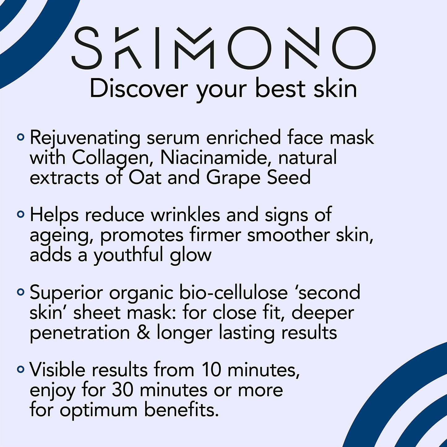 Anti-Ageing Moisturising Face Mask - Advanced Bio-Cellulose Sheet with Collagen, Oat & Grapeseed Extract - Hydrating Facial for Wrinkle Reduction, Vegan, Cruelty-Free by SKIMONO (1 Pack)