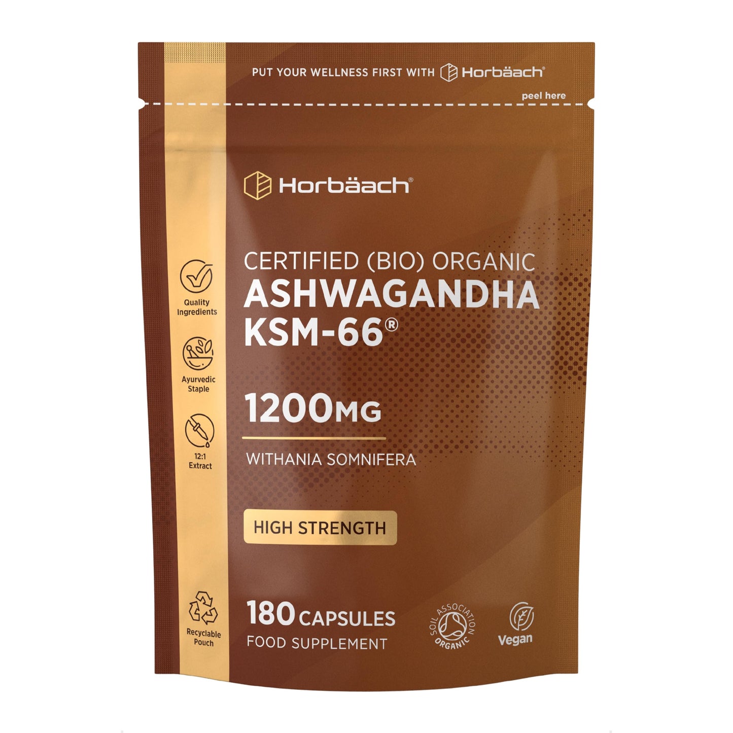 Horbäach Organic Ashwagandha KSM-66® 1200mg with 5% Withanolides | Pure Ashwagandha Root Powder | High Strength | 180 Vegan Capsules (Not Tablets) | Supplement for Men & Women | by Horbaach