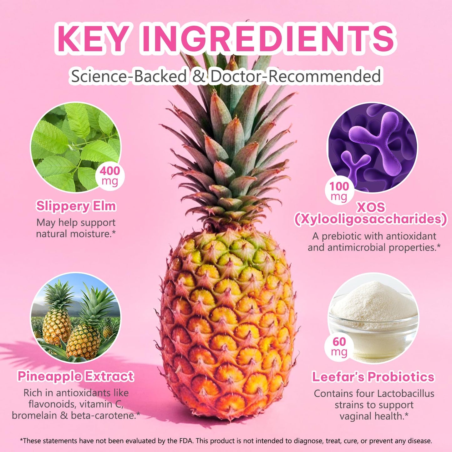 Probiotics for Women Gummies with Slippery Elm, Vegan Intimate Feminine Balance Probiotics Gummies Pineapple Flavor Supports pH Balance, Gut Health & Immune System 60 Gummies