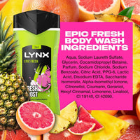 Lynx Epic Fresh Boost 3-in-1 Body, Face and Hair Wash, Grapefruit and Tropical Pineapple Shower Gel 225ml | Set of 4 | Click on '𝗖𝘂𝘀𝘁𝗼𝗺𝗶𝘀𝗲 𝗡𝗼𝘄' for More Bulk Options!