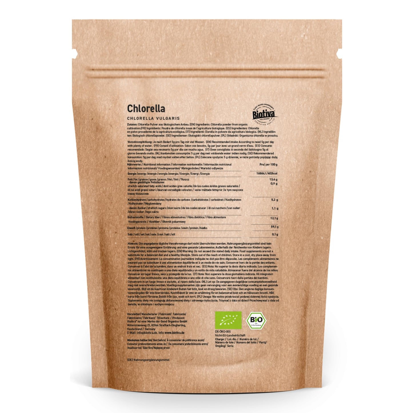 Biotiva Chlorella Powder Organic 100g - Chlorella Vulgaris - Algae - Packed and Controlled in Germany (DE-ECO-005)