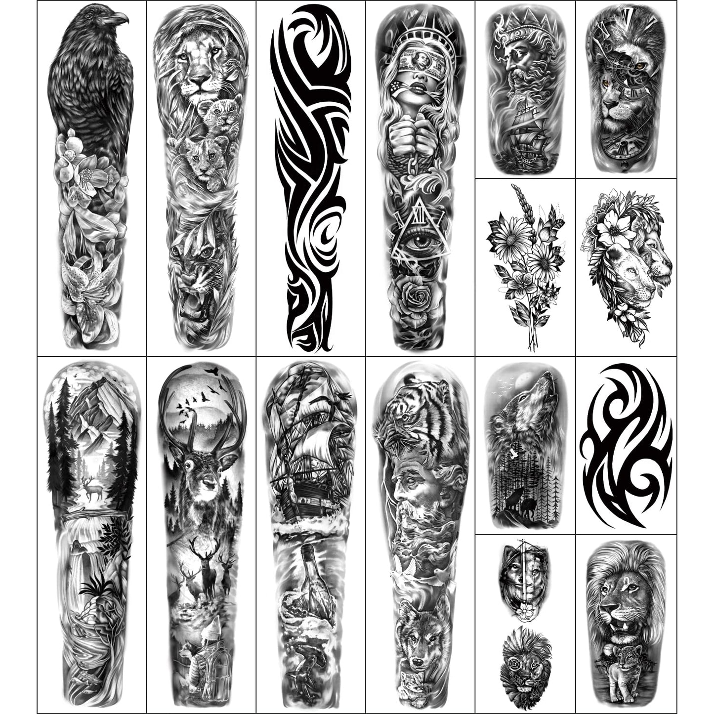 Metuu Full Arm Temporary Tattoo 46 Sheets for Men And Women(L22.8“xW7”), Fake Tattoo Stickers Patterns Deer Eagle Lion Wolf Tiger Totem Realistic Temp Tattoos Suitable For Hand Arm Leg Face