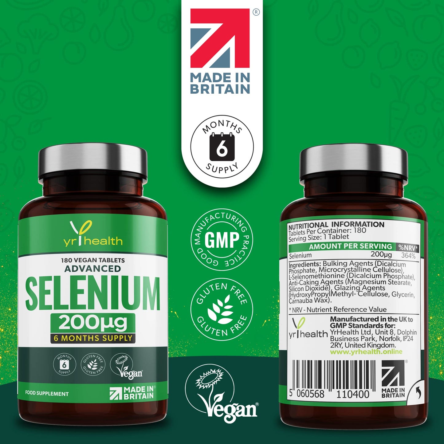Selenium 200mcg Tablets - 180 Vegan Society Registered Pills, for Thyroid and Immune Health, Hair, Skin and Nails - 6 Month Supply Tablets Not Capsules - Made in The UK by YrHealth