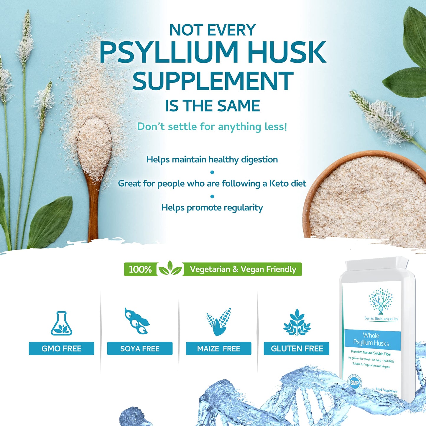 swiss bioenergetics Fibre Supplement 750mg Whole Psyllium Husk (not just Extract) - High Strength Natural Soluble Fiber Supplement from Plantago Ovata Plant Seeds, 90 Psyllium Husks Capsules - Made in UK & Vegan
