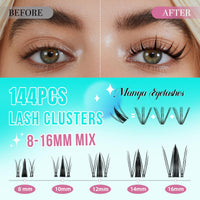 AMZGIRL LASH Manga Lash Clusters Kit 144PCS Fairy Eyelash Extension Kit with Bond and Seal, Invisible Lash,Glue Remover and Tweezer (8-16mm Kit)