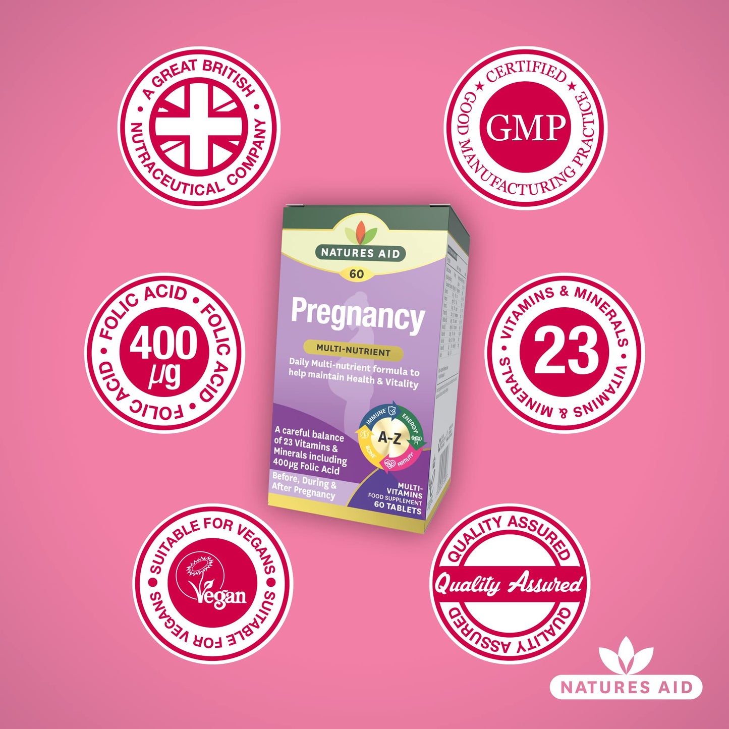 Natures Aid Pregnancy Multi-Vitamins and Minerals Tablets (23 Essential Vitamins and Minerals, 60 Tablets, Before, During and After Pregnancy, Vegan Society Approved, Made in the UK)