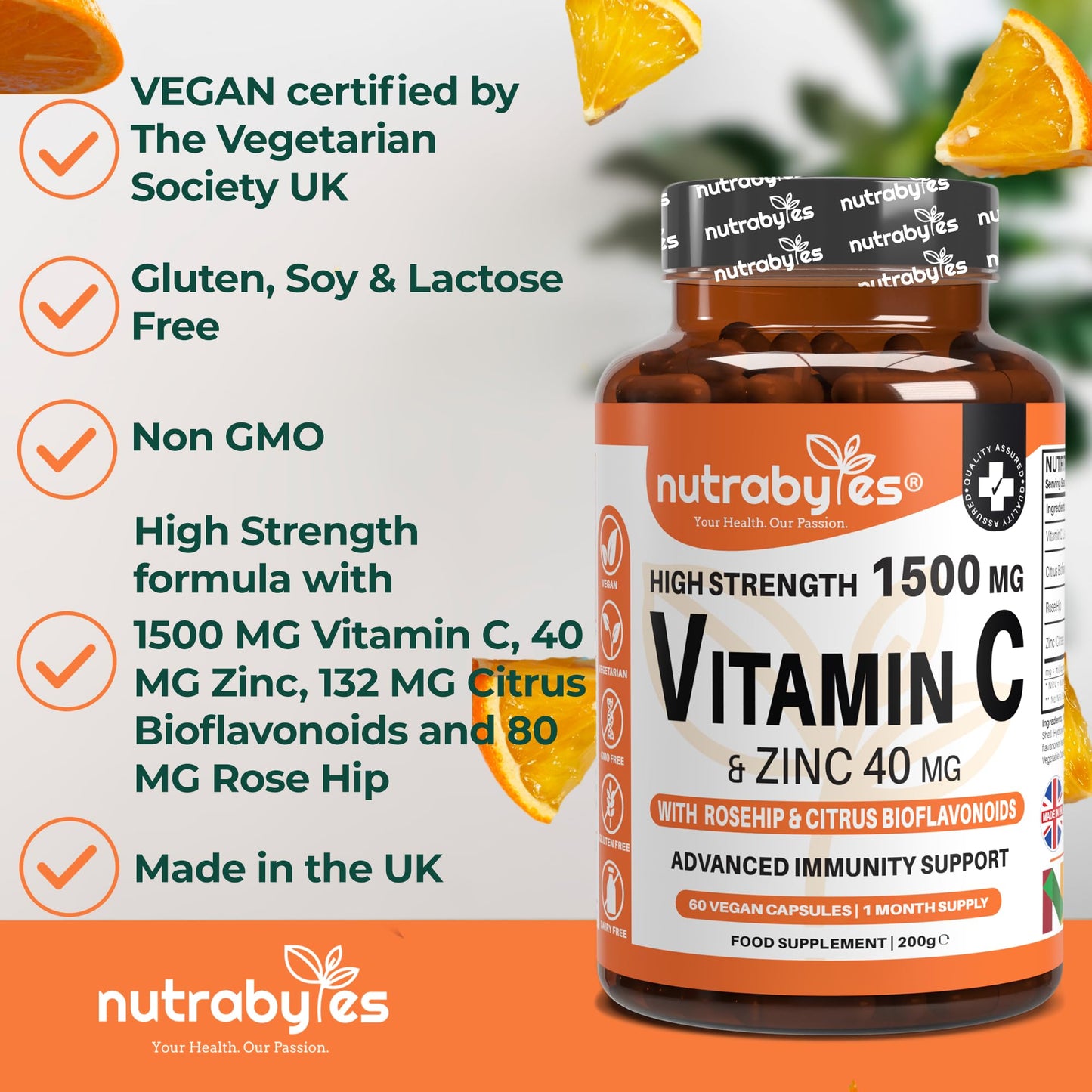 NUTRABYTES Nutrabytes High Strength 1,500mg Vitamin C & 40mg Zinc Supplement, 60 Capsules | Advanced Immune Support with Zinc, Rosehip & Citrus Bioflavonoids | 1 Month | Vegan Capsules | UK Made
