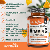 NUTRABYTES Nutrabytes High Strength 1,500mg Vitamin C & 40mg Zinc Supplement, 60 Capsules | Advanced Immune Support with Zinc, Rosehip & Citrus Bioflavonoids | 1 Month | Vegan Capsules | UK Made