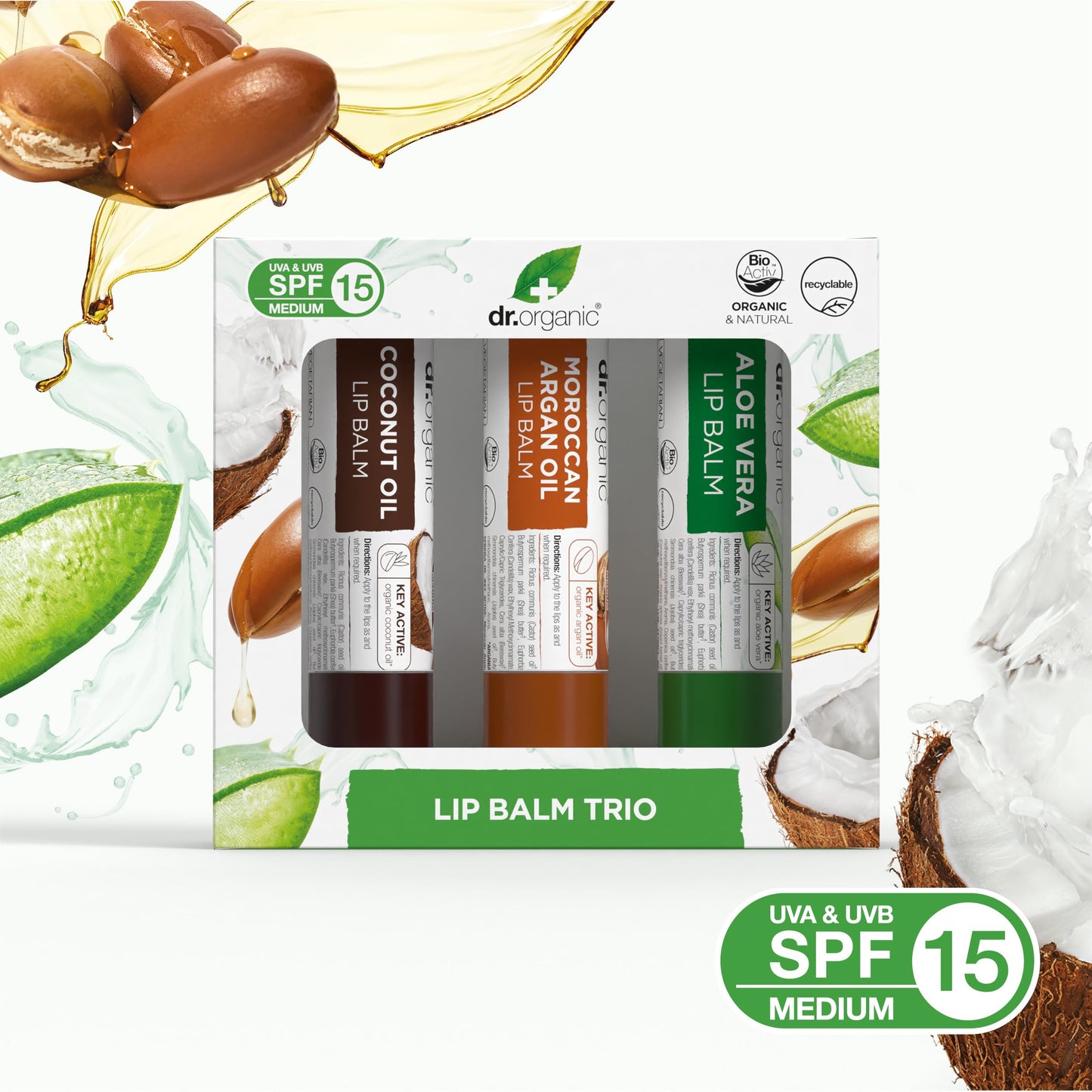 Dr. Organic Dr Organic Lip Balm Gift Set, Moisturising, SPF 15, Assorted Multipack with Aloe Vera, Argan Oil, Coconut Oil, Natural, Vegetarian, Cruelty-Free, Paraben & SLS-Free, Organic, 5.7ml