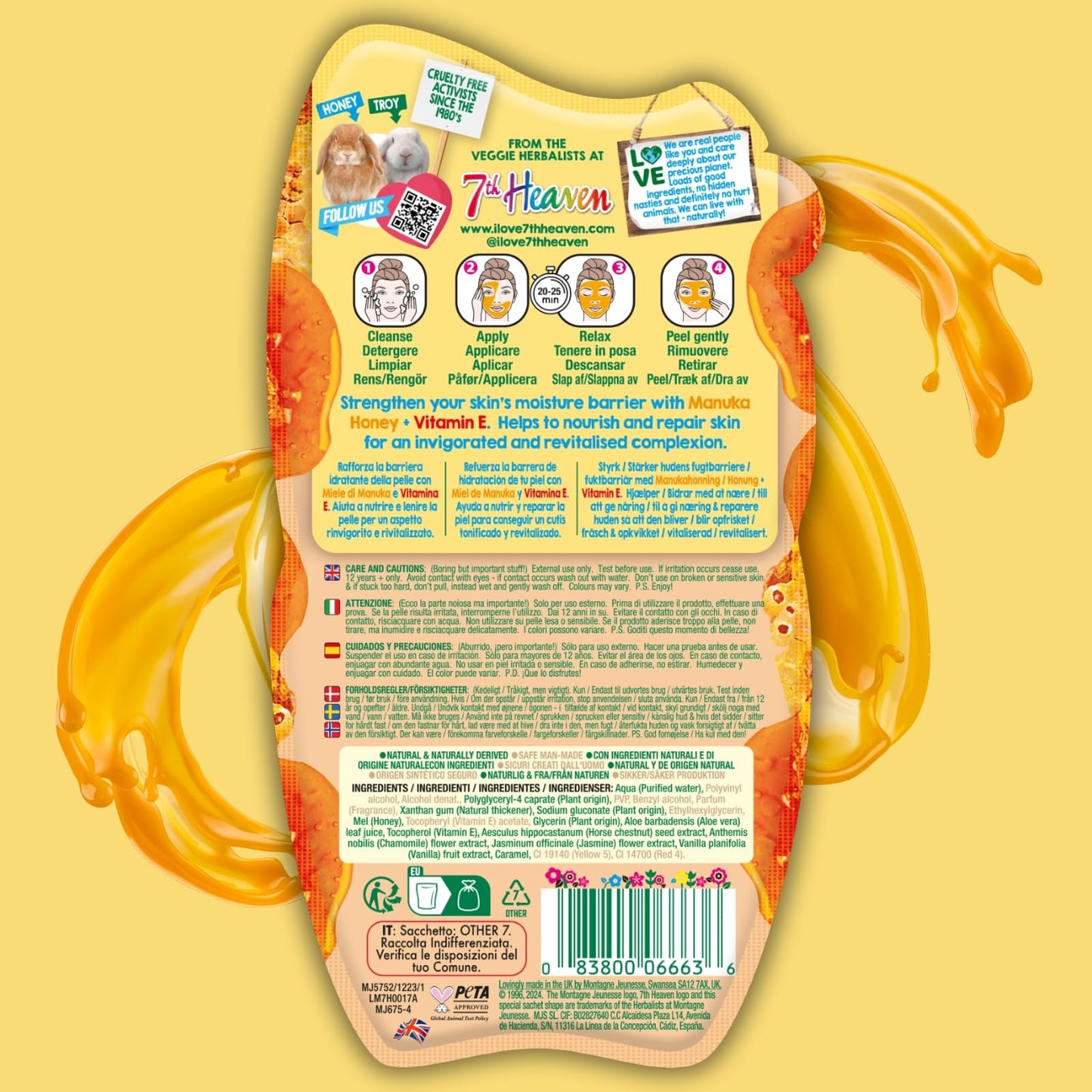 7th Heaven Manuka Honey Peel Off Face Mask with Vitamin E, Pack of 6 - Nourish and Renew - All Skin Types