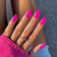 SXVME Hot Pink False Nails Short Medium Square, Gel Press on Nails Coffin Medium Glossy Fake Nails Set Solid Color Acrylic Nail Natural Fit Reusable Stick on Nail for Women Daily Wear, in 24 Pcs