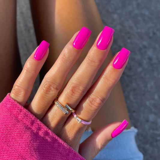 SXVME Hot Pink False Nails Short Medium Square, Gel Press on Nails Coffin Medium Glossy Fake Nails Set Solid Color Acrylic Nail Natural Fit Reusable Stick on Nail for Women Daily Wear, in 24 Pcs